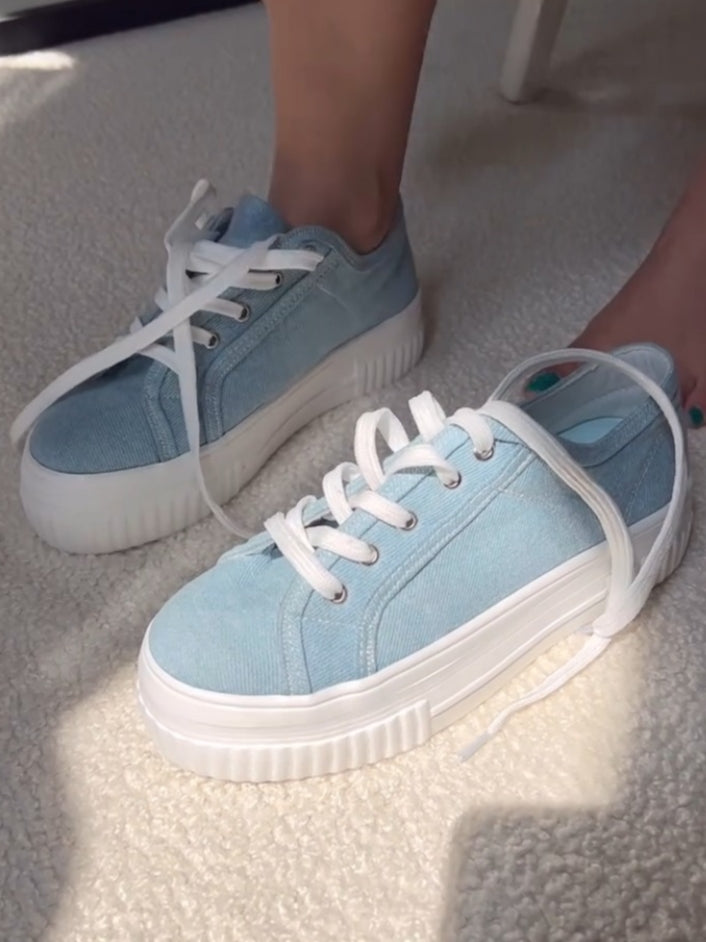 Light Denim Platform Sneakers With White Laces