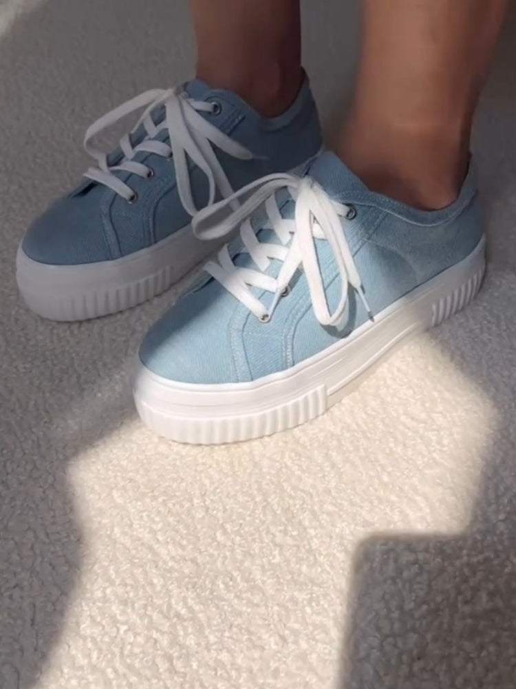 Light Denim Platform Sneakers With White Laces