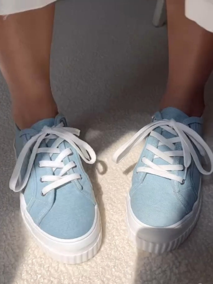 Light Denim Platform Sneakers With White Laces