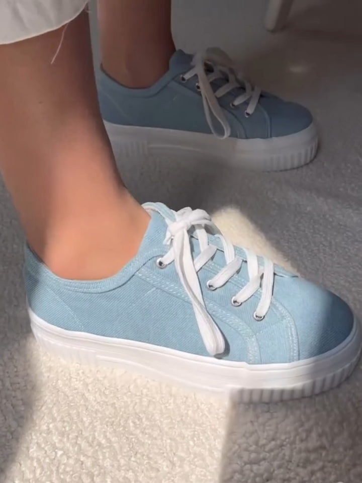 Light Denim Platform Sneakers With White Laces