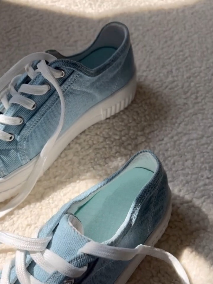 Light Denim Platform Sneakers With White Laces