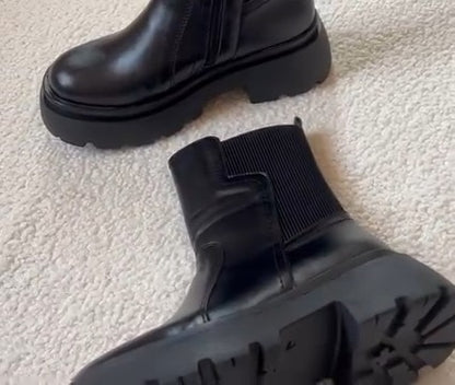 Black Leather Ankle Boots With Chunky Sole