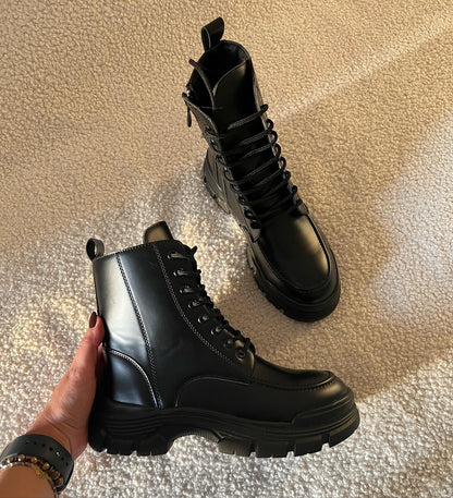 Black Leather Combat-Style Boots
