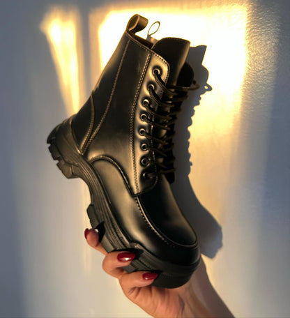 Black Leather Combat-Style Boots