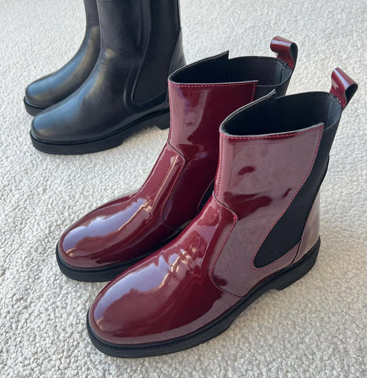 Burgundy Patent Chelsea-Style Boots