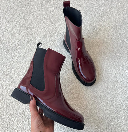 Burgundy Patent Chelsea-Style Boots