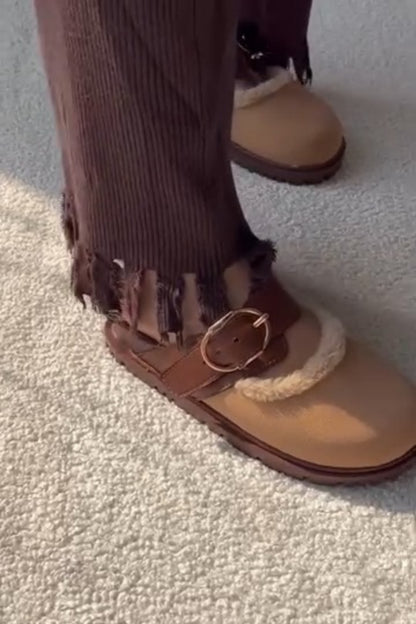 Tan Buckle-Accent Fur-Looted Slip-On Boots