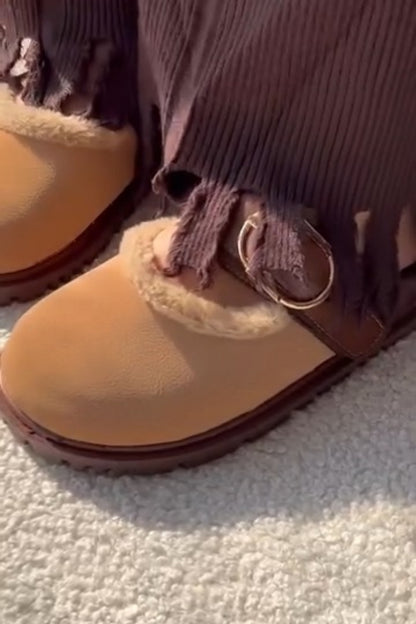 Tan Buckle-Accent Fur-Looted Slip-On Boots