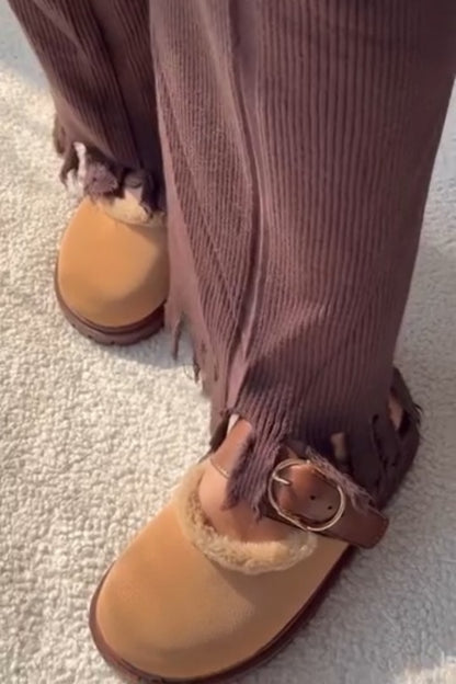 Tan Buckle-Accent Fur-Looted Slip-On Boots
