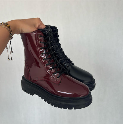 Burgundy Patent Lace-Up Combat Boots With Thick Sole