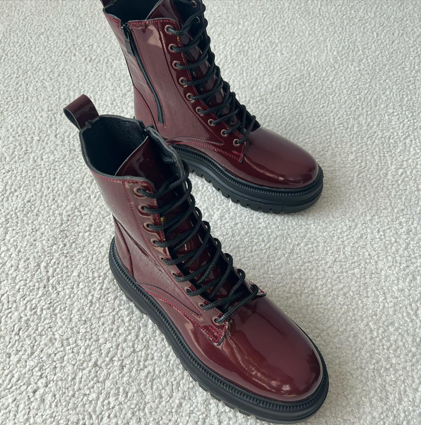 Burgundy Patent Lace-Up Combat Boots With Thick Sole