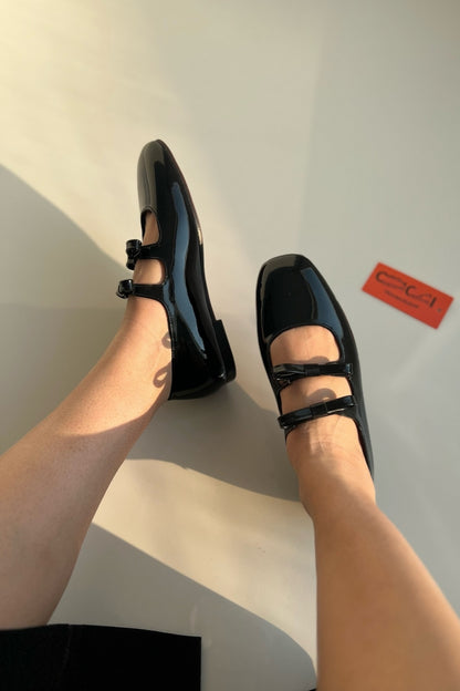 Black Patent Mary Jane-Style Flats With Double Straps