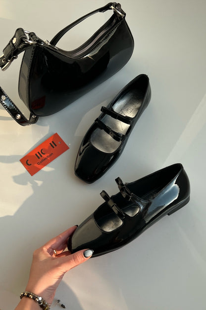 Black Patent Mary Jane-Style Flats With Double Straps