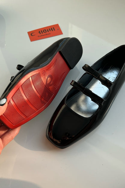 Black Patent Mary Jane-Style Flats With Double Straps