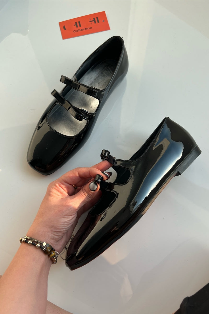 Black Patent Mary Jane-Style Flats With Double Straps