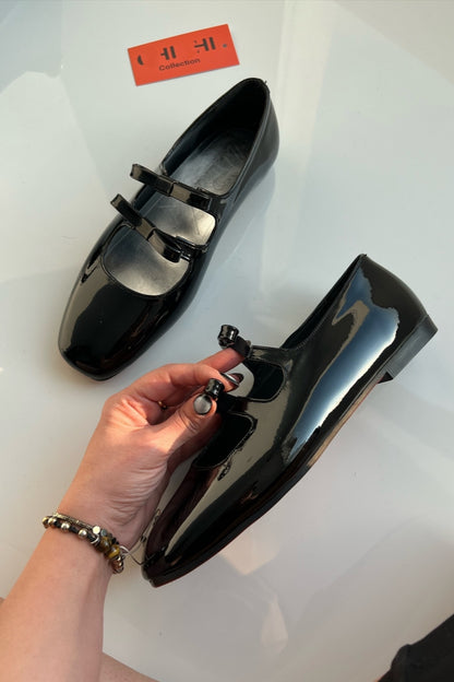 Black Patent Mary Jane-Style Flats With Double Straps