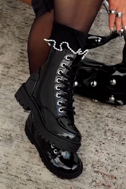 Black Patent Lug-Soled Lace-Up