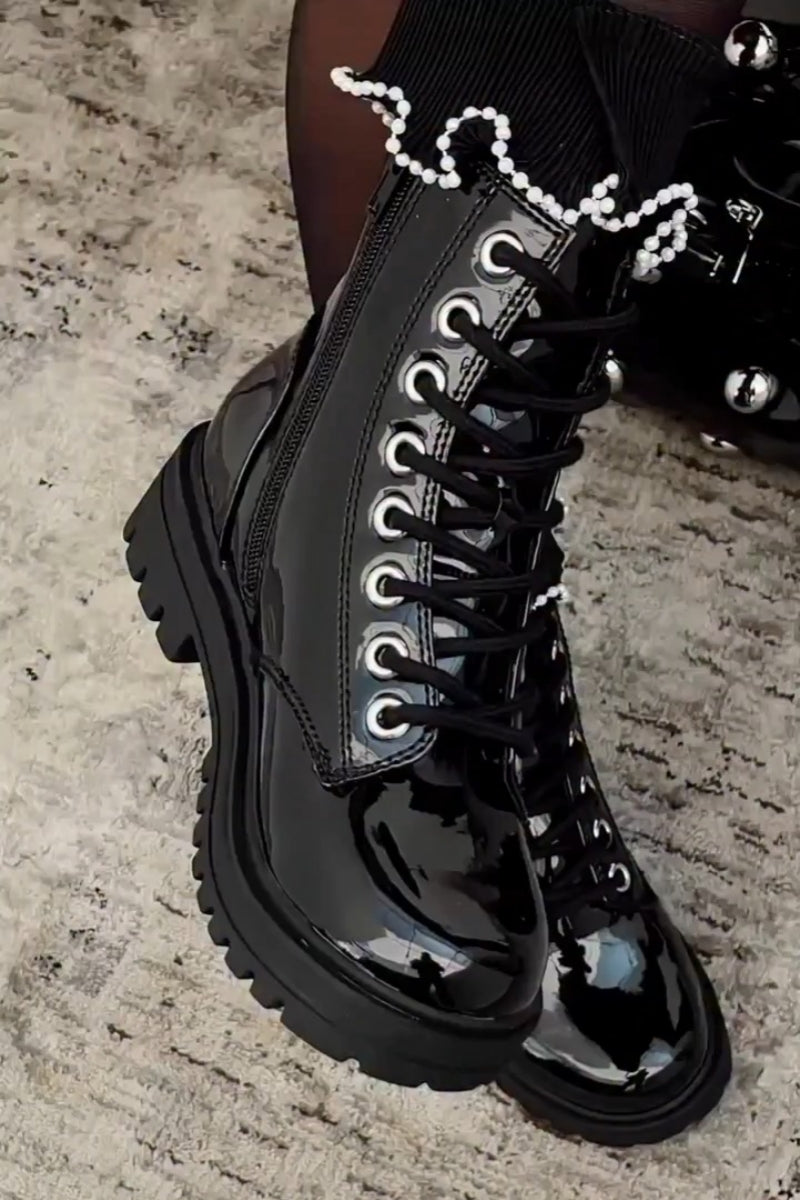 Black Patent Lug-Soled Lace-Up