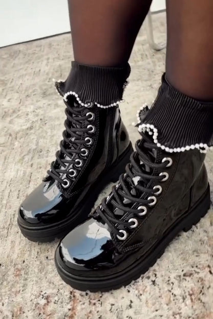 Black Patent Lug-Soled Lace-Up
