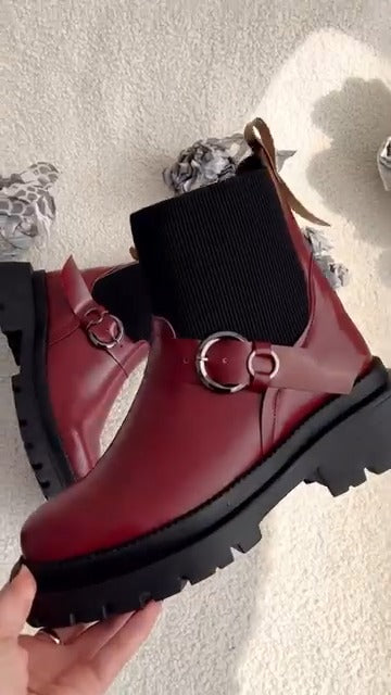 Leather Lug-Soled Ankle Boots With Ring Details