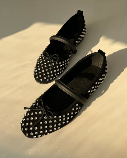 Black Embellished Mary-Jane Flats With Rhinestone Dots