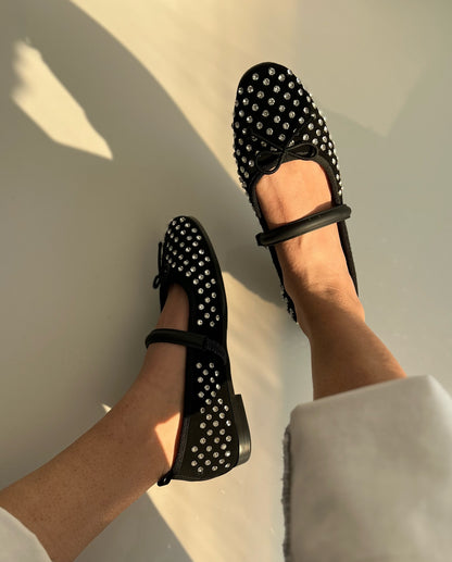 Black Embellished Mary-Jane Flats With Rhinestone Dots