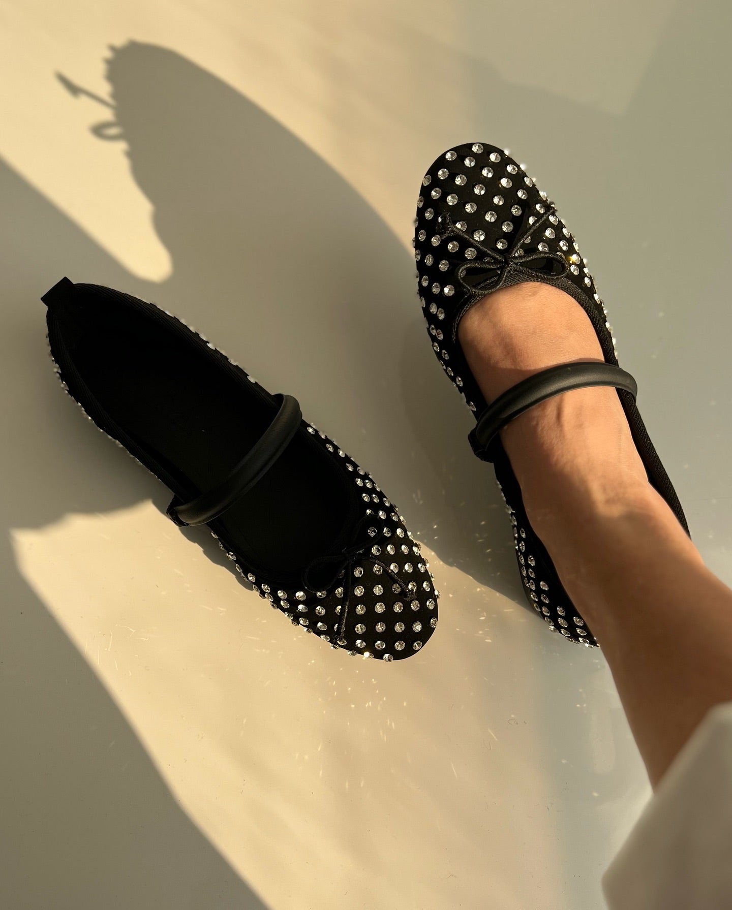 Black Embellished Mary-Jane Flats With Rhinestone Dots