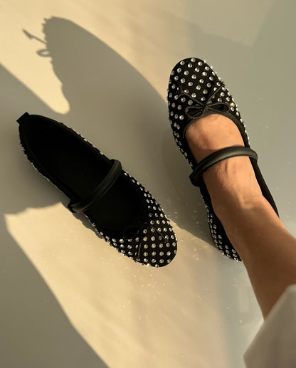 Black Embellished Mary-Jane Flats With Rhinestone Dots