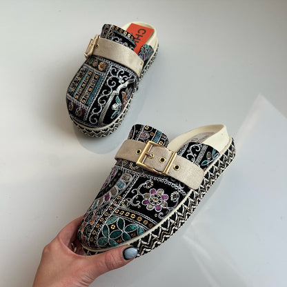 Embroidered Patterned Slip-On Espadrille Loafers