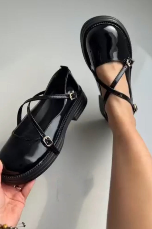 Shiny Black Mary-Jane Block Heel Shoes