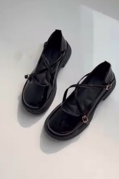Shiny Black Mary-Jane Block Heel Shoes