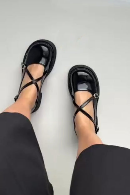 Shiny Black Mary-Jane Block Heel Shoes