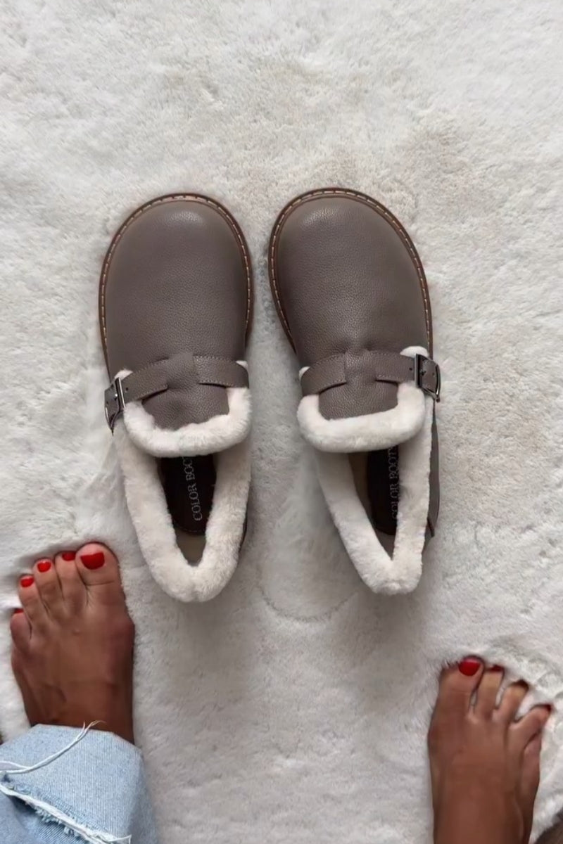 Faux-Fur Lined Mules With Buckle Strap