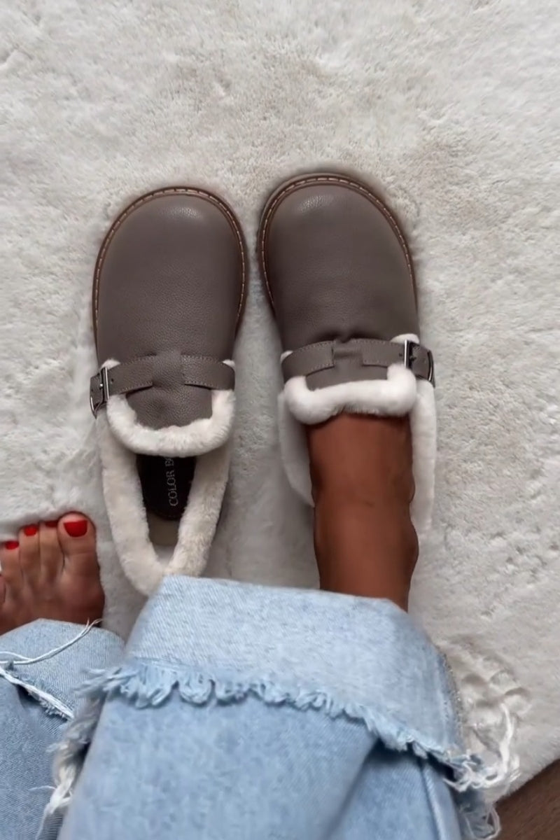 Faux-Fur Lined Mules With Buckle Strap