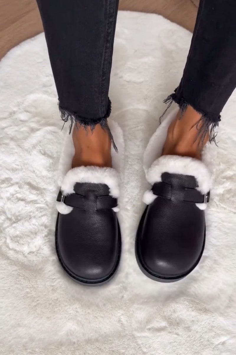 Faux-Fur Lined Mules With Buckle Strap