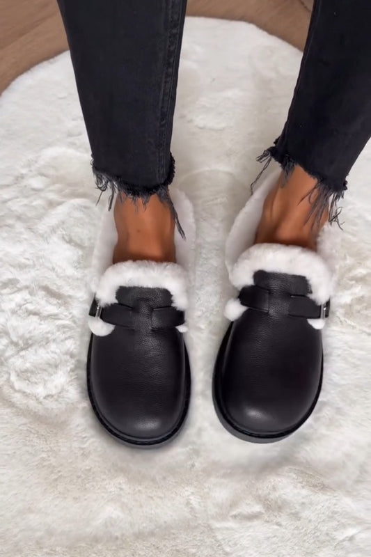 Faux-Fur Lined Mules With Buckle Strap