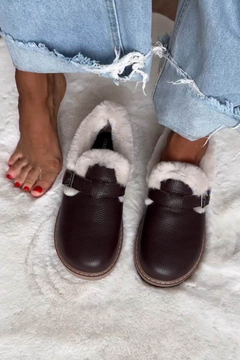 Faux-Fur Lined Mules With Buckle Strap