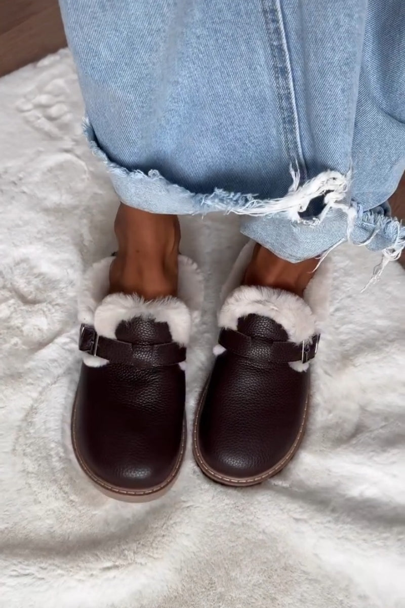 Faux-Fur Lined Mules With Buckle Strap