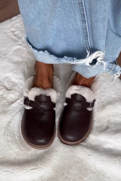 Faux-Fur Lined Mules With Buckle Strap