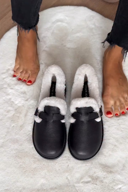 Faux-Fur Lined Mules With Buckle Strap