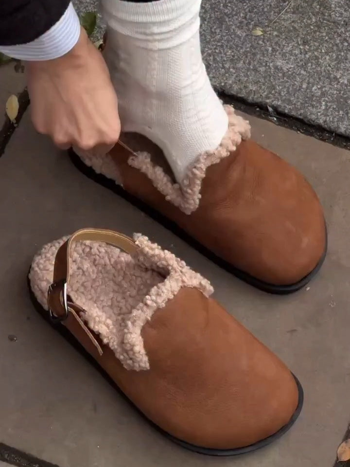 Brown Shearling-Lined Mules