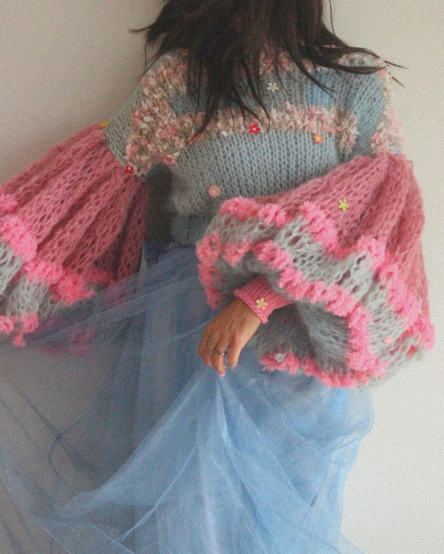 Chunky Knit Sweater With Pastel Crochet Embellishments