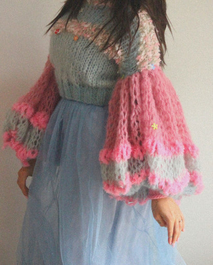 Chunky Knit Sweater With Pastel Crochet Embellishments