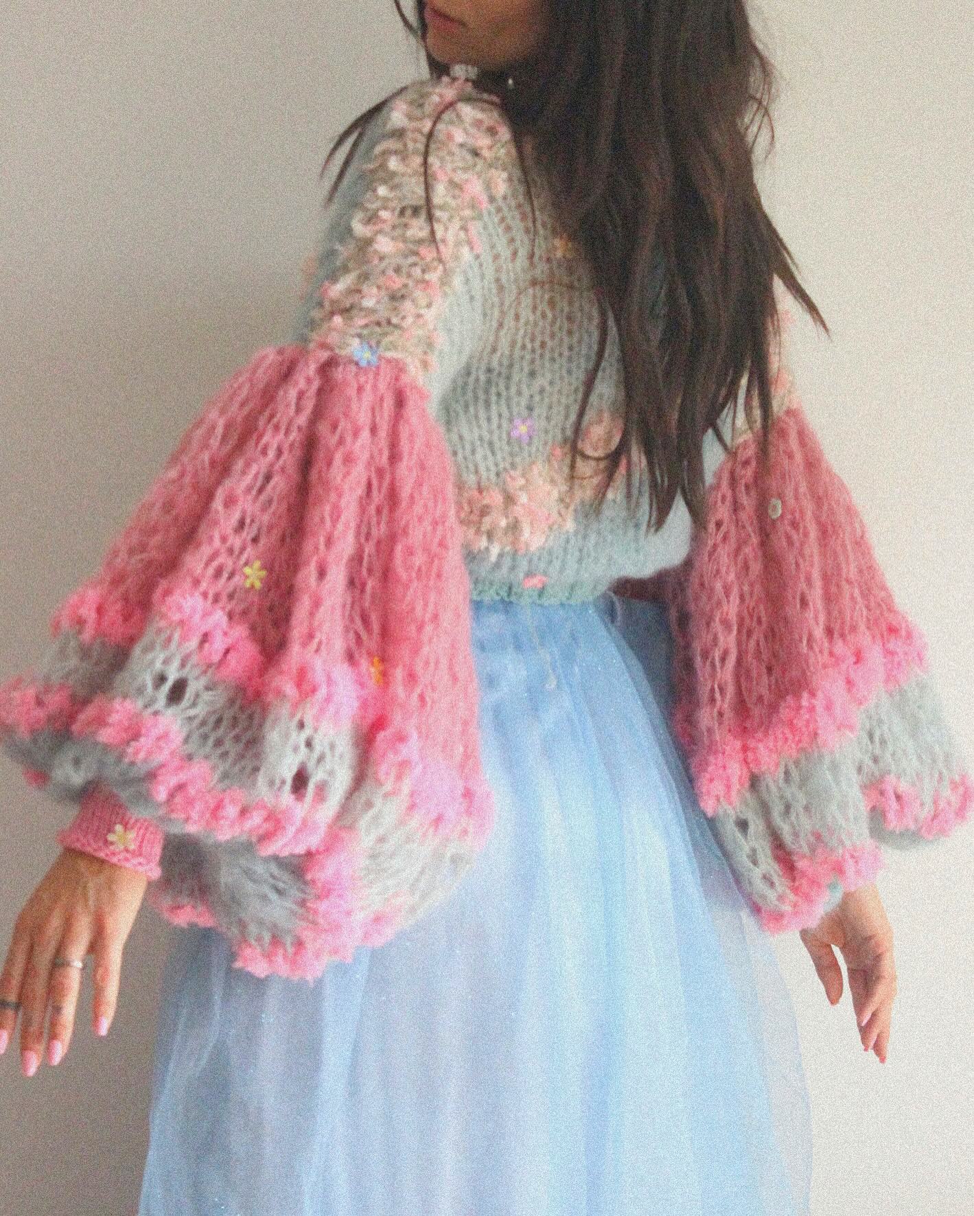 Chunky Knit Sweater With Pastel Crochet Embellishments