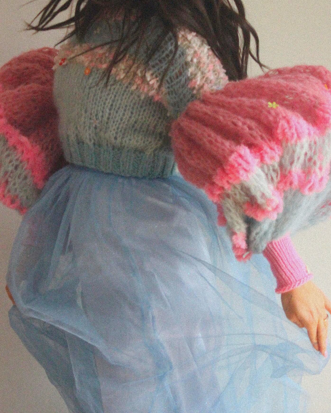 Chunky Knit Sweater With Pastel Crochet Embellishments