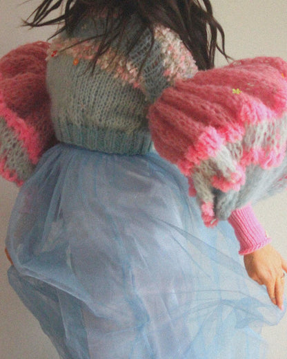 Chunky Knit Sweater With Pastel Crochet Embellishments