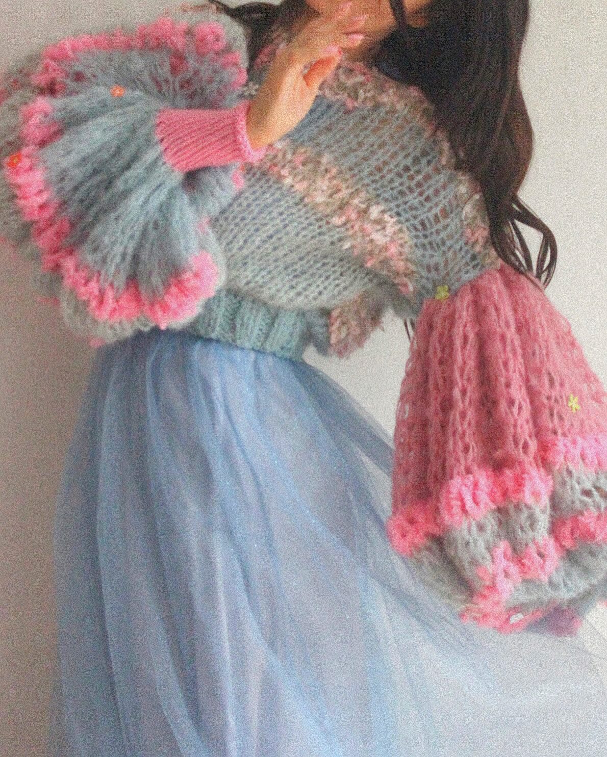 Chunky Knit Sweater With Pastel Crochet Embellishments