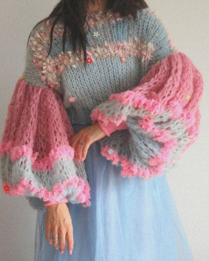 Chunky Knit Sweater With Pastel Crochet Embellishments