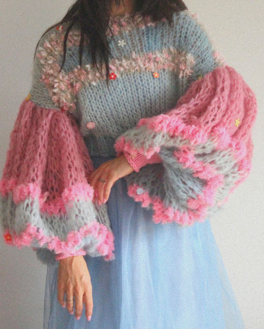 Chunky Knit Sweater With Pastel Crochet Embellishments