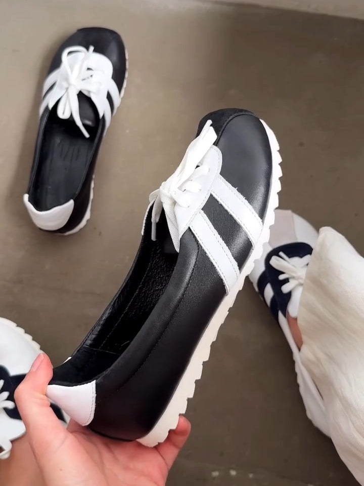 Black And White Lace-Up Casual Loafers